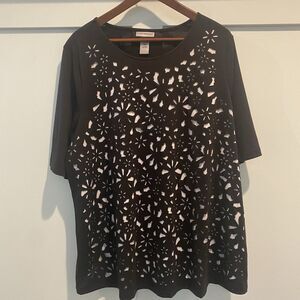 Catherines Tunic Top Womens Plus‎ 1X Black Laser Cut Outs Unique Contemporary